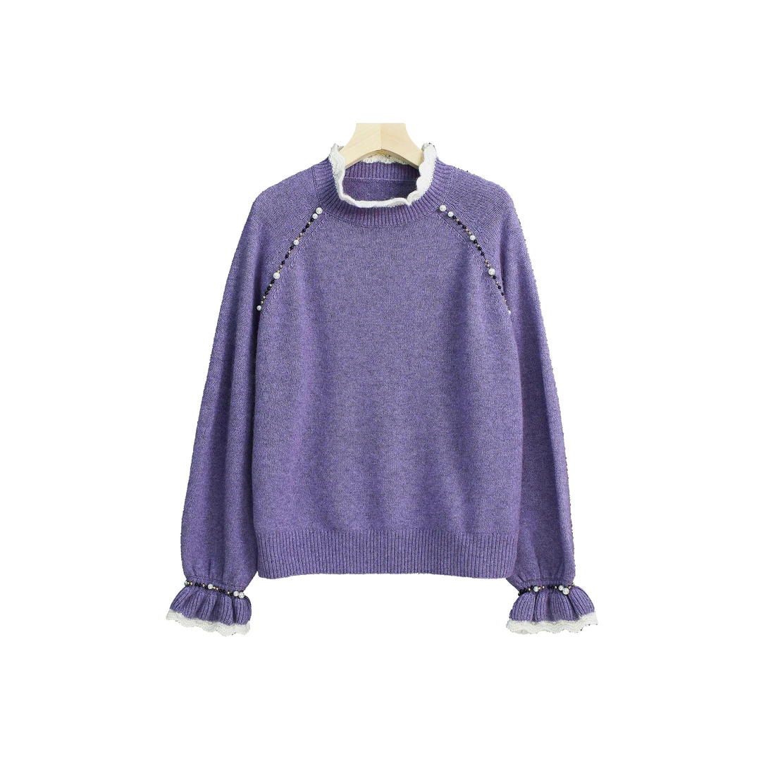 JIUJIU 白昼流星~时髦花边领珍珠插肩袖针织衫-Y13786