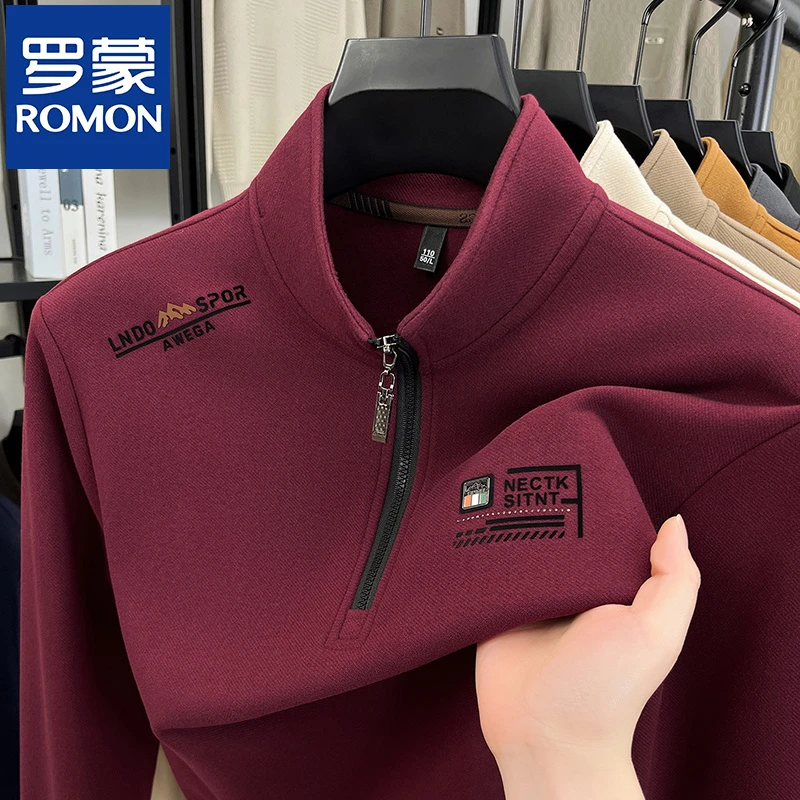 罗蒙半拉链时尚印花卫衣春秋季商务休闲男士t恤长袖半高领打底衫