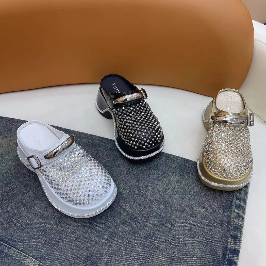 2025《唐宁街》新款黑色时尚百搭厚底春季松糕底圆头满钻极简水钻