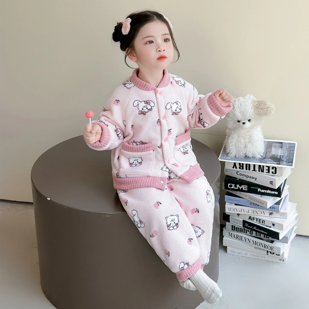 儿童珊瑚绒睡衣女孩秋冬款加厚2025新款宝宝法兰绒套装女童家居服