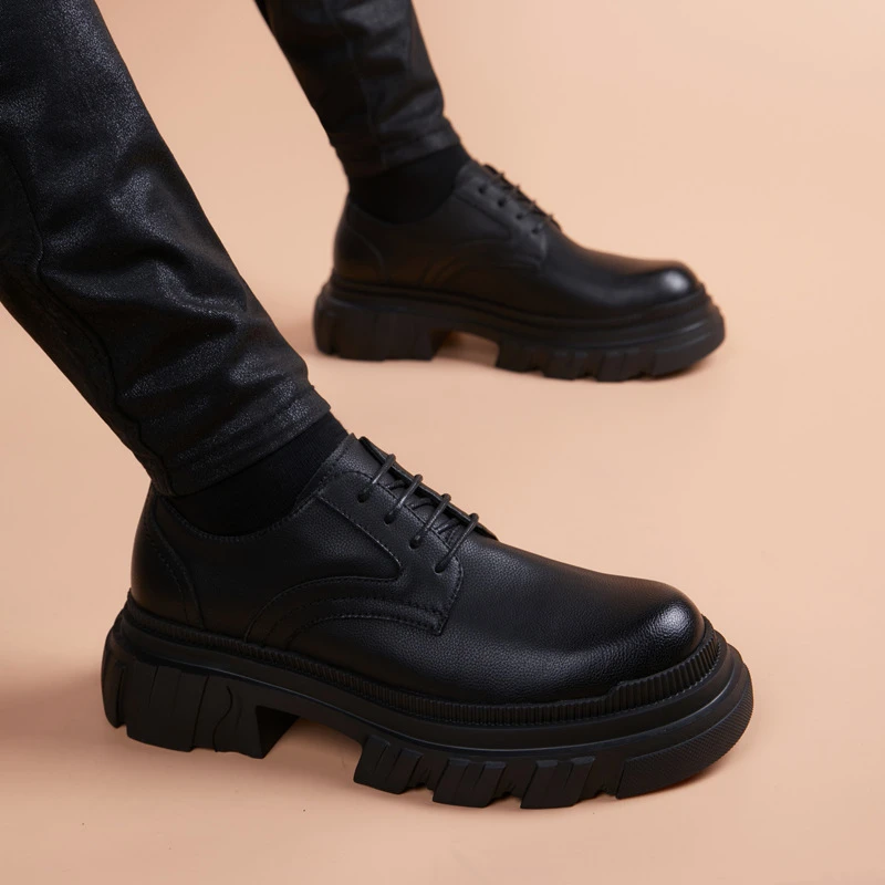 EAEOVNI新款圆头磨砂面厚底增高黑色百搭商务舒适休闲风男士皮鞋