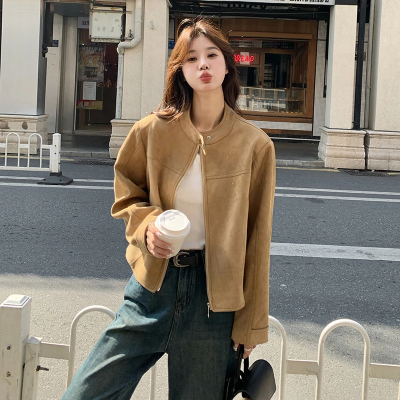 卡其色麂皮绒短款机车夹克外套女2025春季新款炸街美拉德复古上衣