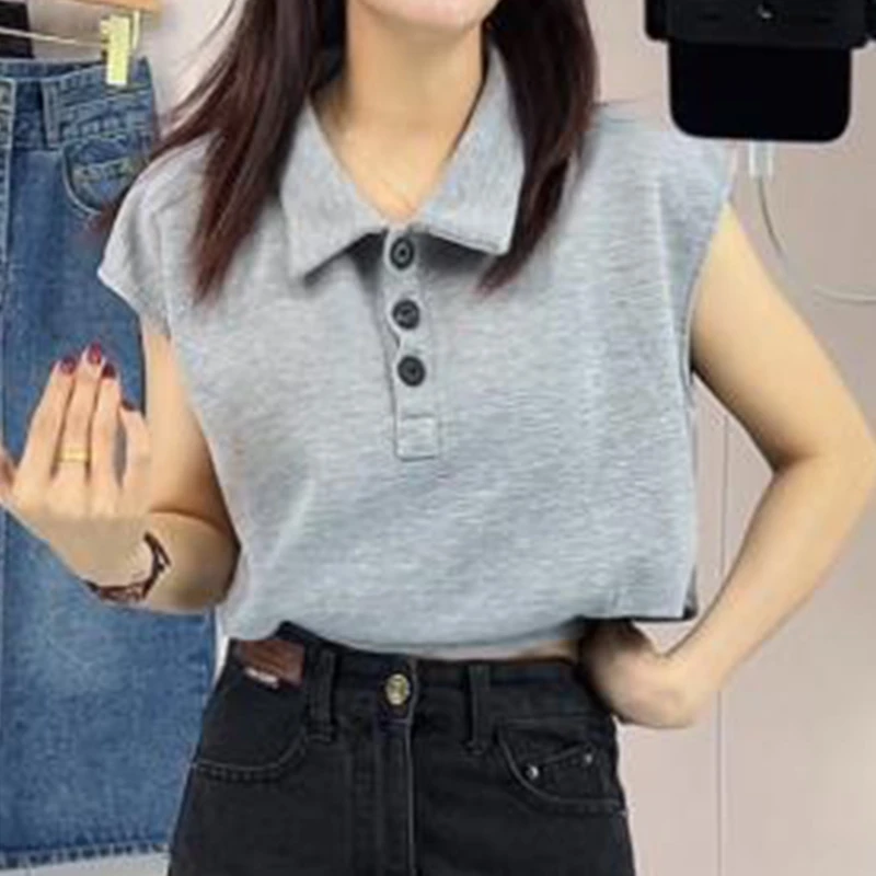 2025夏季新款Polo翻领灰色短袖T恤女时尚设计感宽松显瘦短款上衣