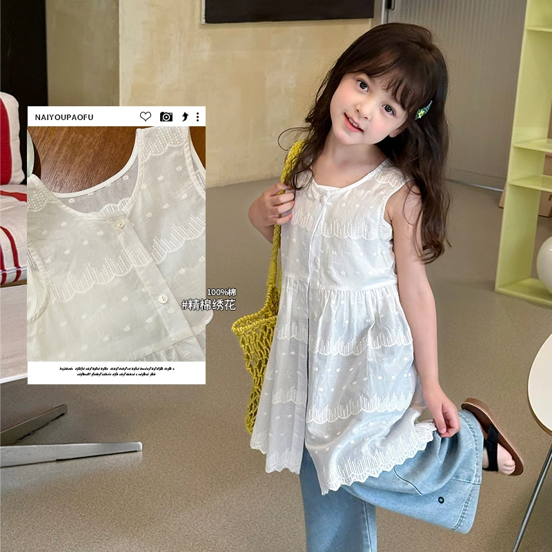 奶油家【随手出片】女童夏蕾丝提花叠穿背心裙轻薄无袖罩衫裙25D052