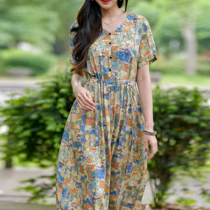 夏季新款棉绸复古2025女中长裙人造棉绵绸外穿修身显瘦度假长裙