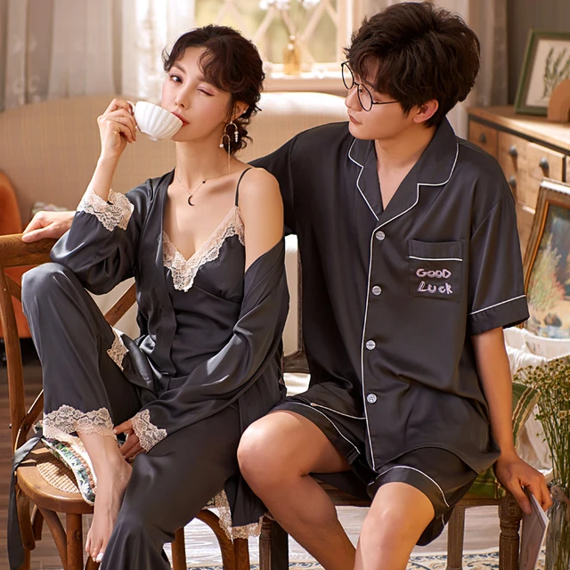 情侣睡衣女夏性感冰丝三件套简约韩版春秋家居服丝绸短袖男士套装