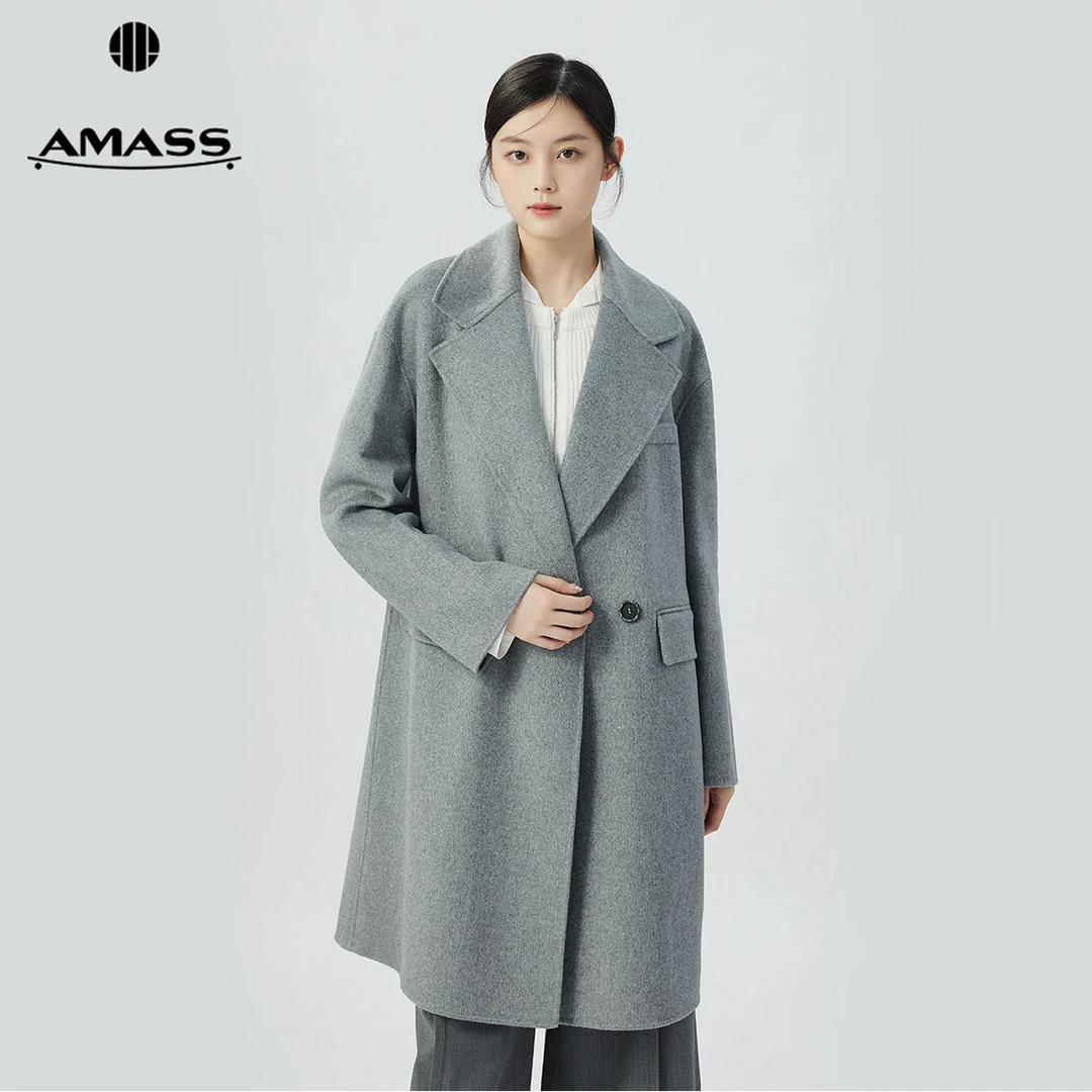 阿玛施AMASS新款女装纯山羊绒经典双排扣中长双面呢外套5400858-2