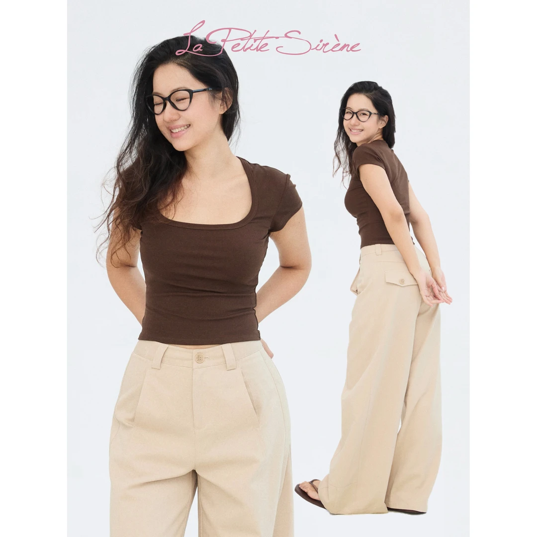 LPS｜郭卷毛同款咖色方领T恤设计修身显瘦简约短款上衣T35105JM52