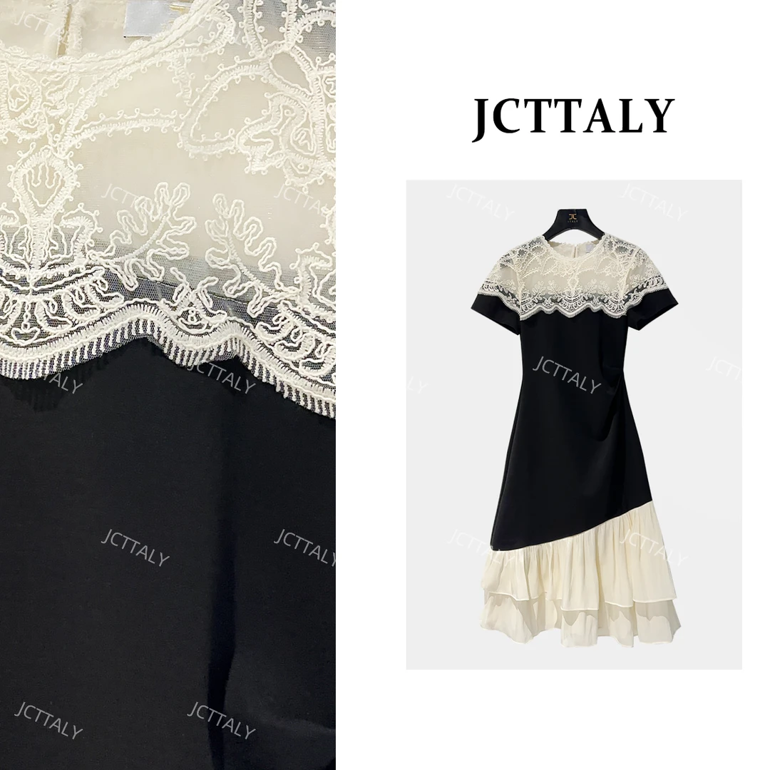 【宠粉价】法式蕾丝开叉洋气收腰遮肉短袖气质连衣裙JC-A3350
