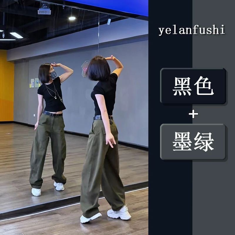 2025年新款百搭显瘦修身休闲黑色短袖上衣直筒阔腿裤两件套女夏季