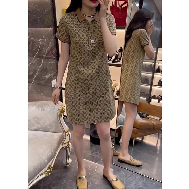 欧洲站2025春夏新款时尚修身格纹印花短袖翻领POLO领休闲连衣裙女