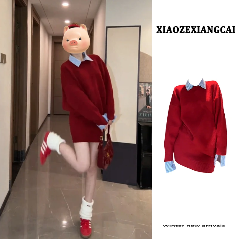 早春季女装ootd穿搭一整套新年战袍红色假两件毛衣半身裙两件套装