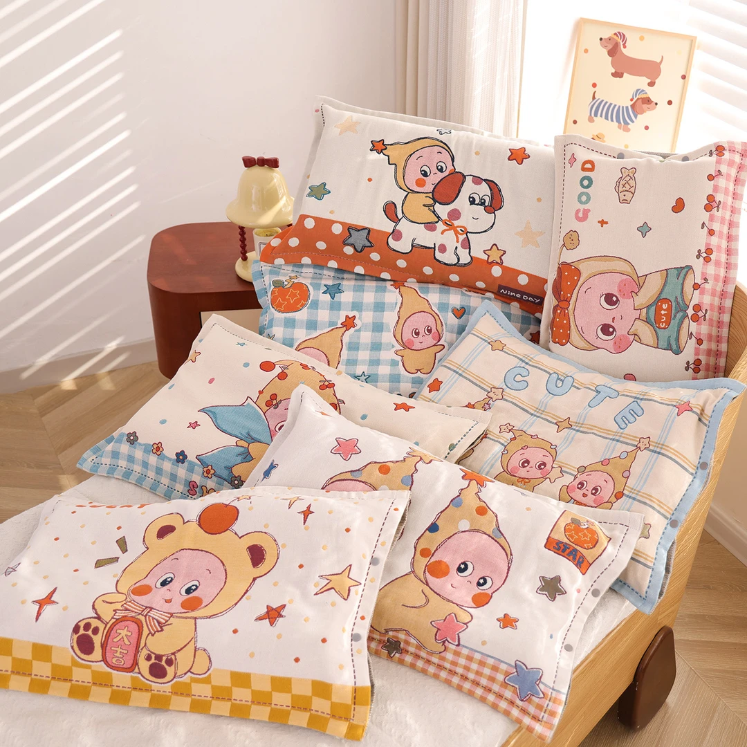 按扣式纯棉纱布儿童枕套吸汗透气卡通全棉不脱落一对装枕芯内胆套