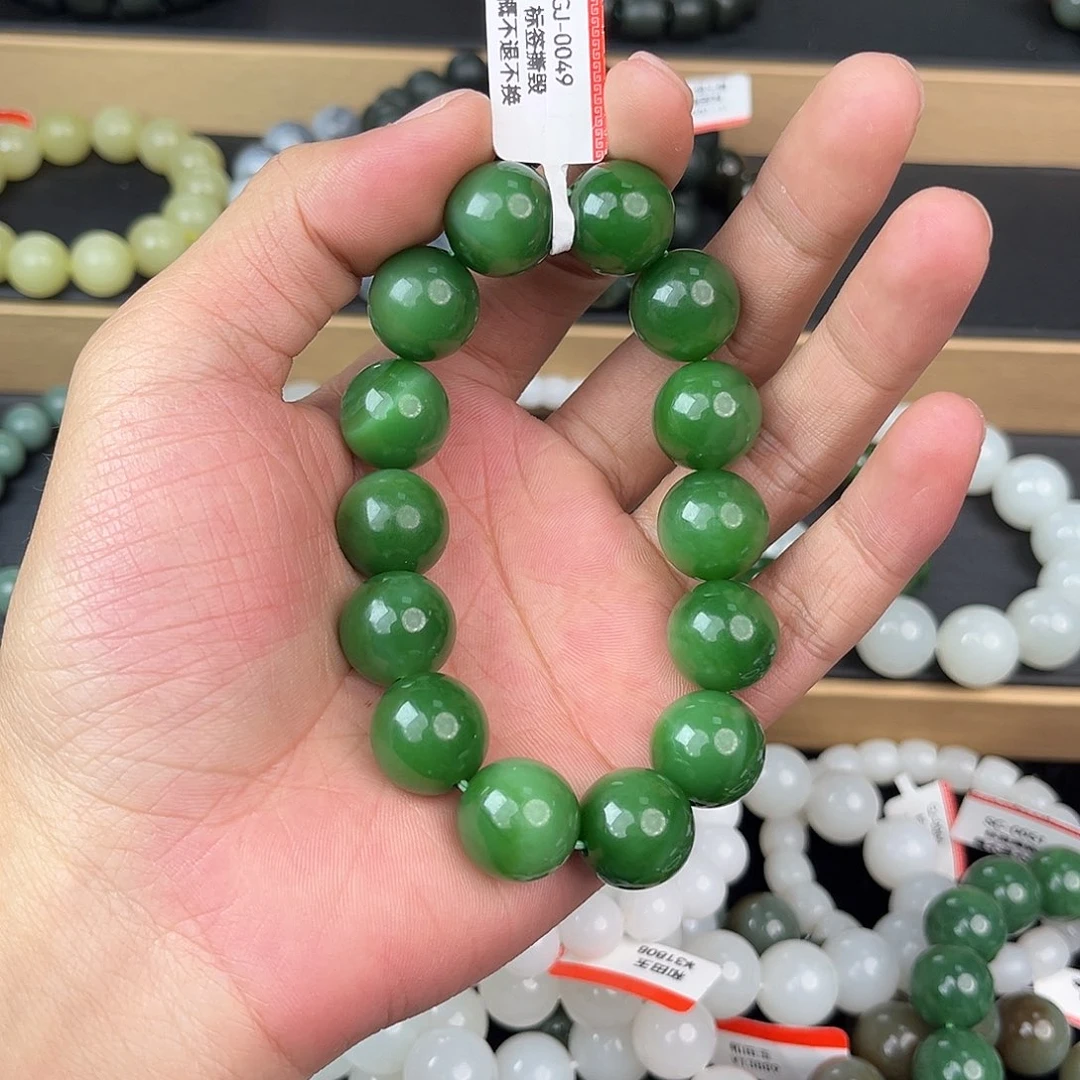 和田玉手串未镶嵌花**空纯天然俄罗斯碧玉鸭蛋青粉绿16mm