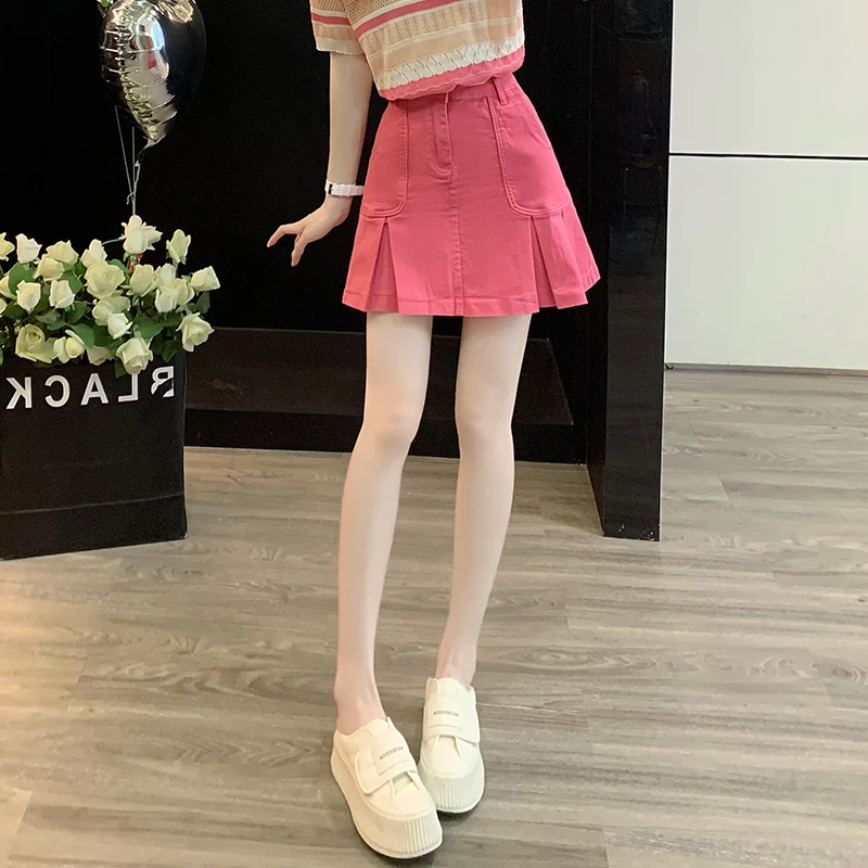 百褶减龄牛仔半身裙女2025夏季新款高腰小个子A字防走光包臀短裙