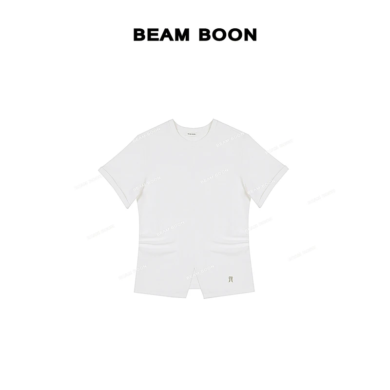 Beam Boon【冰岛呼吸】时髦阶梯肌理感下摆开衩侧捏褶亲肤显瘦短袖