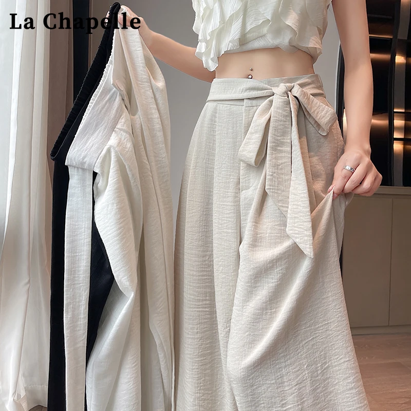 拉夏贝尔冰丝西装阔腿裤子女夏季薄款高腰显瘦梧桐裤蝴蝶休闲裤子