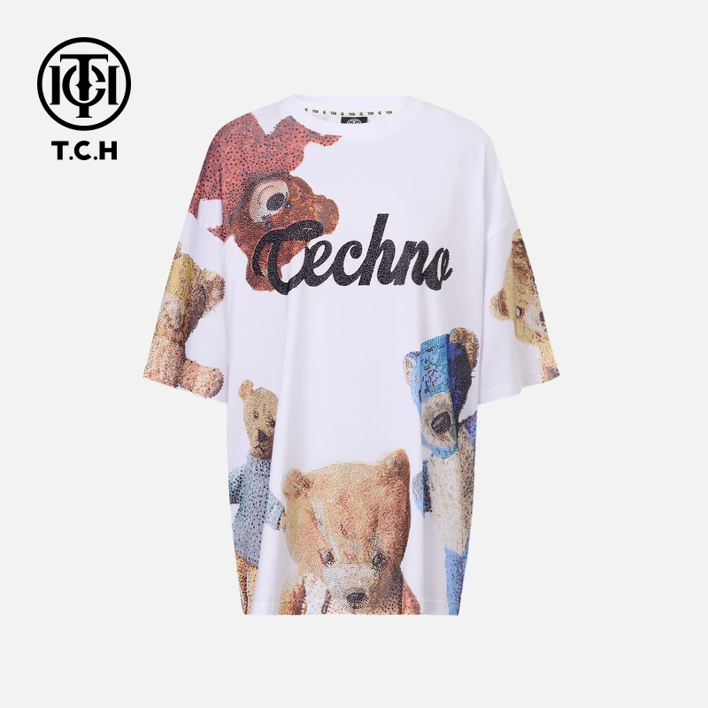 TCH烫钻工艺时尚休闲百搭气质小熊T恤女T75C10E9027轻奢tch