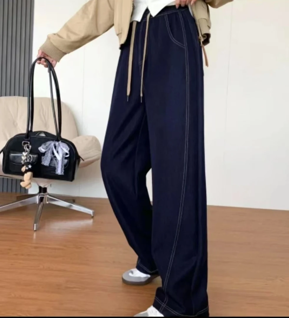 *2808牛仔2025夏季新款阔腿直筒裤女薄款松紧腰高腰牛仔裤休闲裤