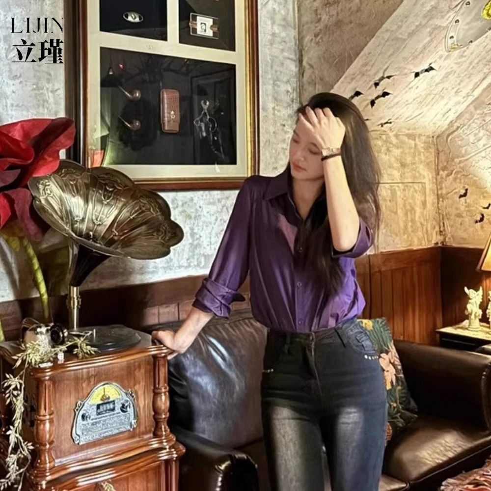 轻奢高级感深紫色衬衫女夏季别致独特超好看精致衬衫法式绝美上衣