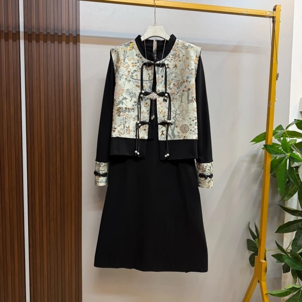 新款大码女装时尚洋气新中式复古连衣裙马甲两件套套装