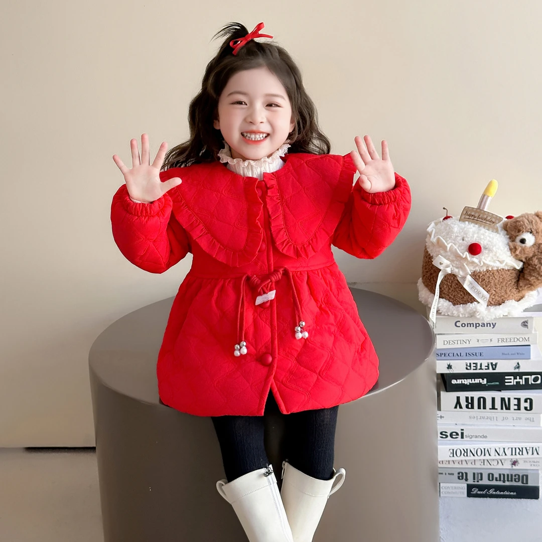 女童中式盘扣加绒加厚棉衣冬季新款洋气时尚翻领刺绣甜美棉衣外套