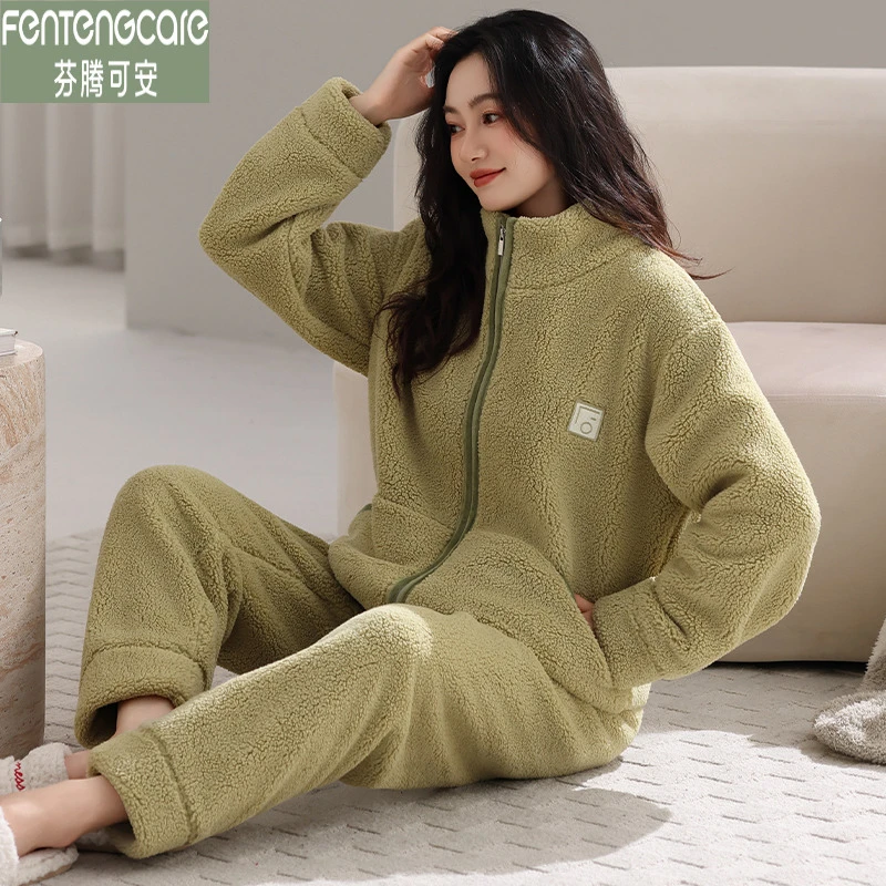 芬腾可安加厚羊羔绒睡衣女款冬季保暖甜美加大码法兰绒冬款家居服