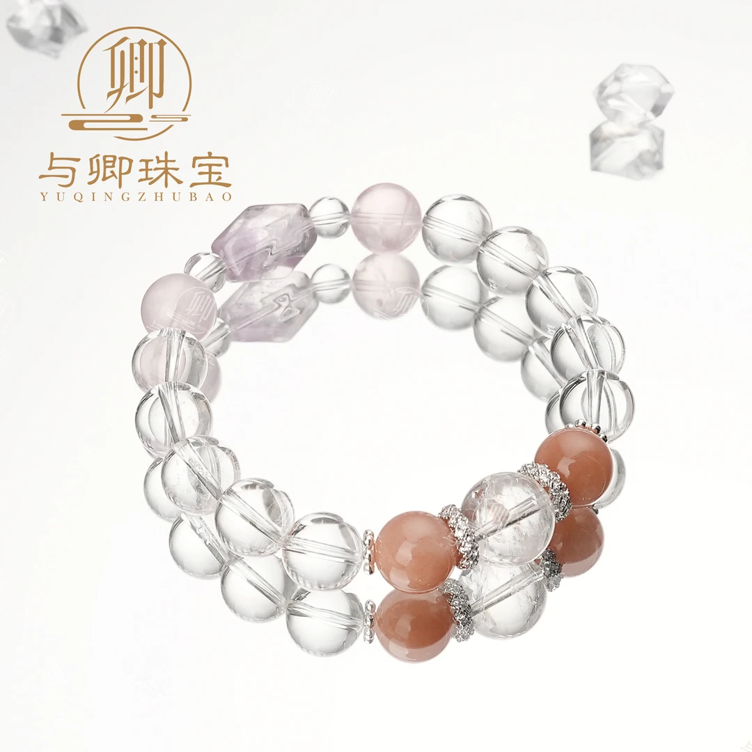 【惊秋水】白水晶10mm、6mm+橙月光石、莫粉10mm+白阿赛12mm+紫八棱珠