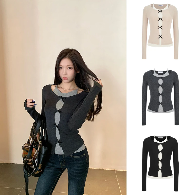 Moses Queen/魔西女王韩版纯欲假两件蝴蝶结长袖针织衫显瘦上衣女