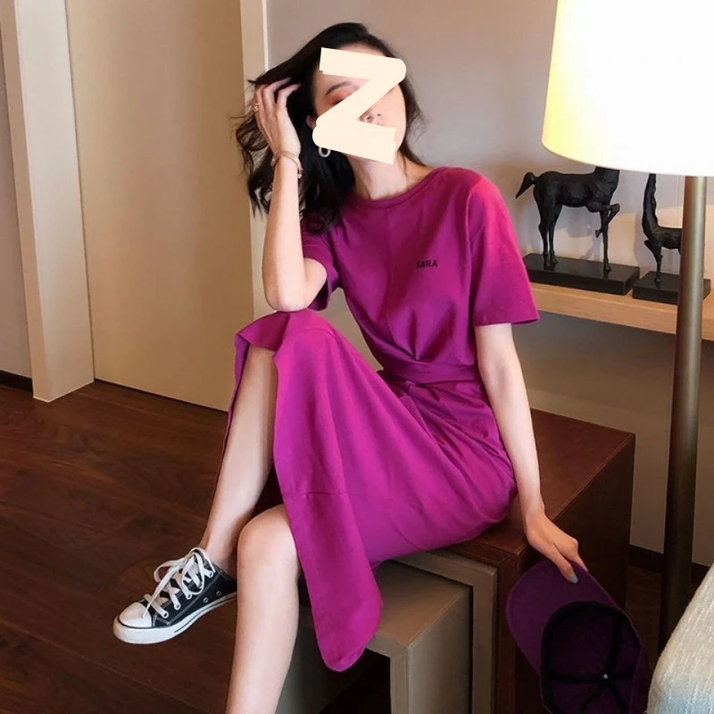 显瘦修身轻熟风夏季透气连衣裙长款短袖T恤裙子女夏冷淡风女装