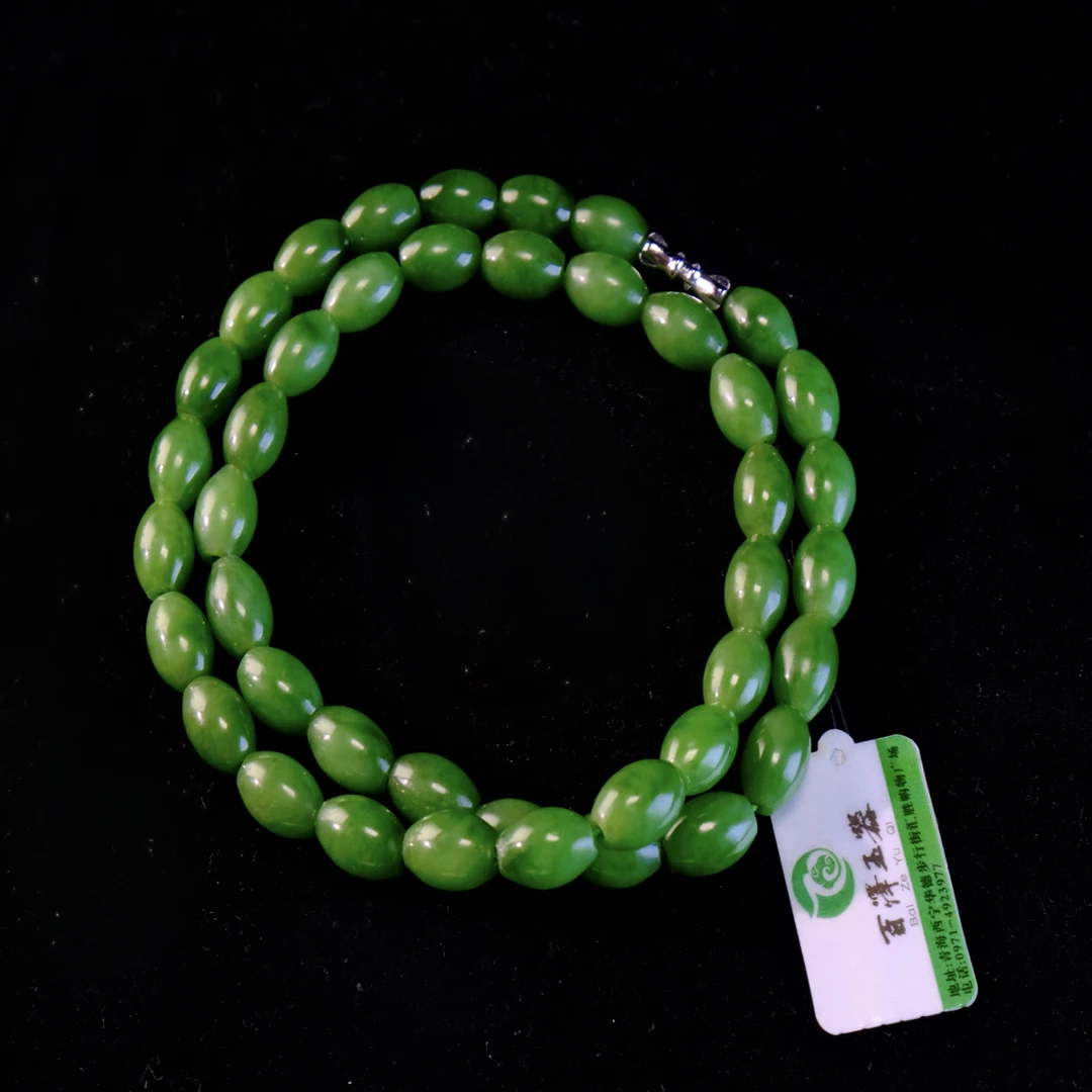 和田玉碧玉苹果绿色系梭形珠链
