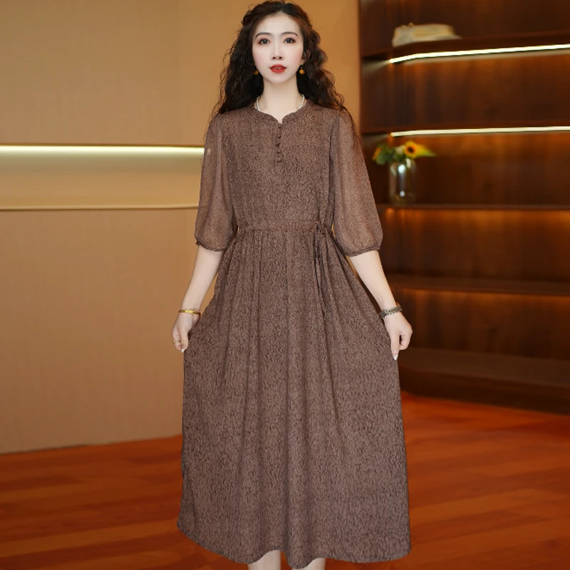 咖色绮梦裙 气质中长款时连衣裙百搭遮肉裙子