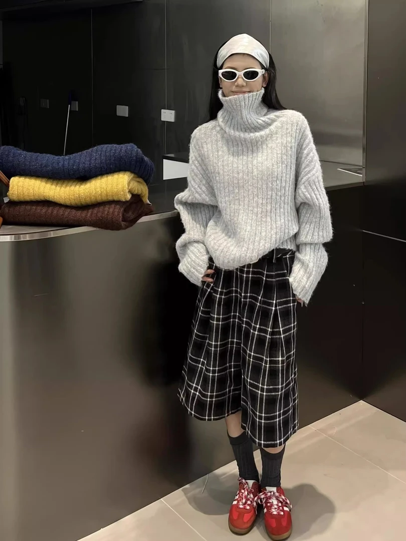 韩系慵懒风高级感纯色高领套头毛衣女秋冬季宽松百搭针织打底内搭