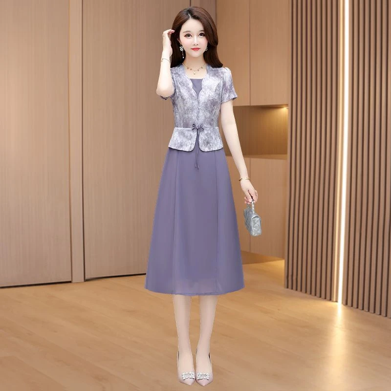 高端气质轻奢高级感雪纺纱料连衣裙假两件套装女夏季减龄洋气妈妈