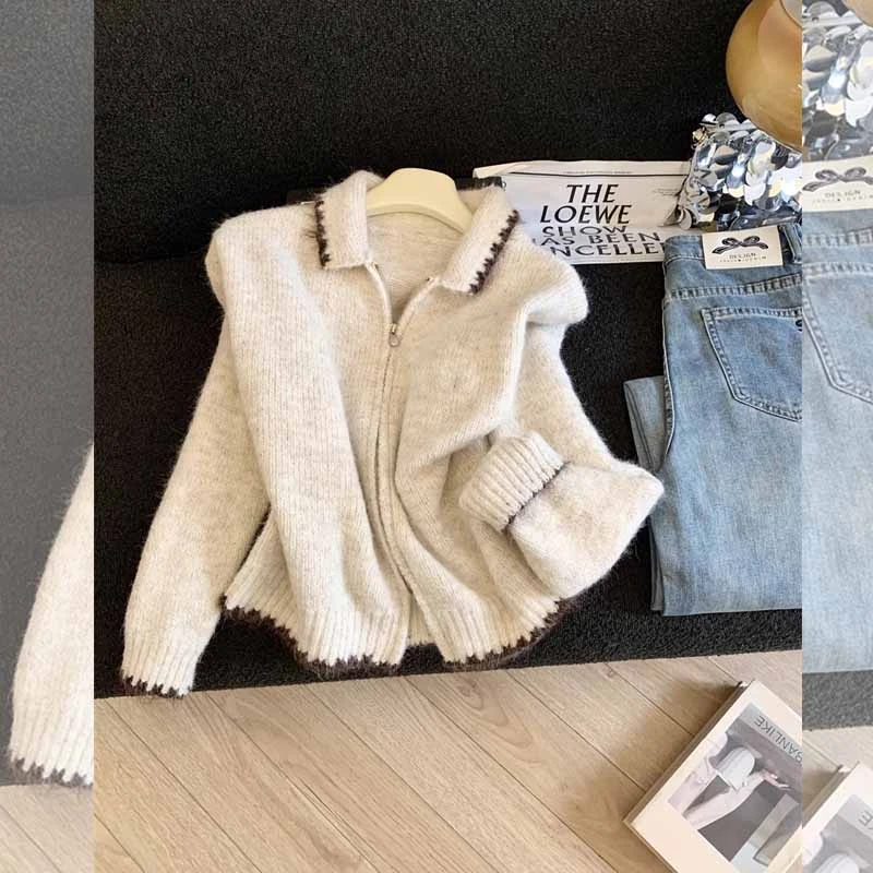 美拉德甜美风撞色翻领针织开衫毛衣时尚大码秋冬季保暖大码外套女