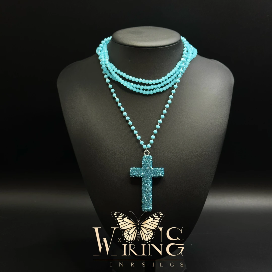 铜仿水晶项链 王大嘴原创 “蓝晶十字”夏日清爽蓝钻十字项链A862