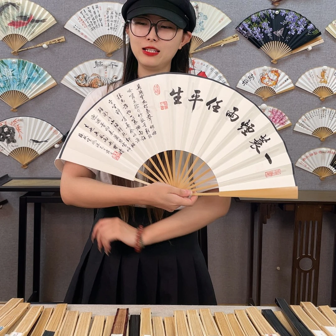 国画10寸玉竹-纯手绘-文玩扇骨（默认粘好）