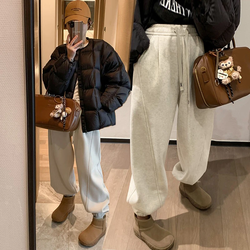 2025年流行裤子秋冬新款抽绳宽松运动加绒卫裤女束脚裤休闲阔腿裤