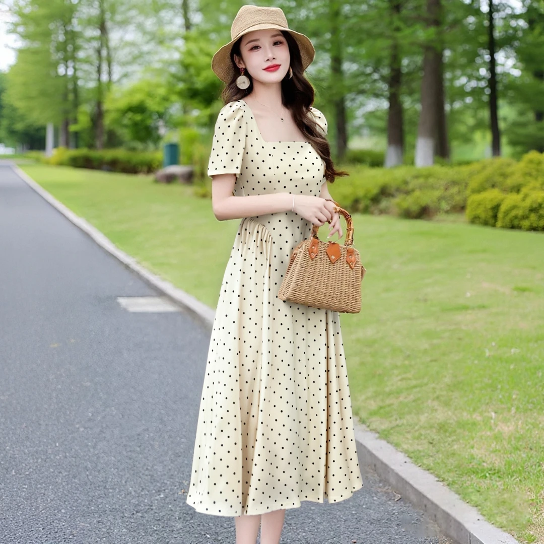 B法式赫本复古波点白色连衣裙女夏高级感长裙收腰气质公主裙D1411