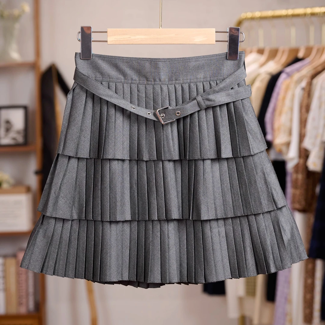 鸟家时尚百搭显瘦高腰半身裙百褶裙（三标齐）