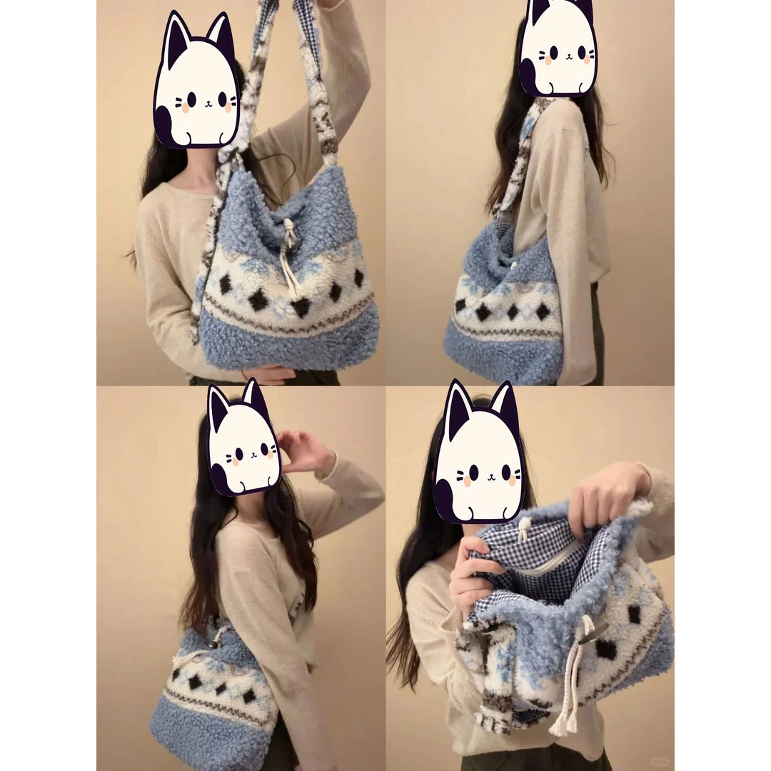 采晨自制新款休闲松弛感羊羔毛绒水桶包女2026单肩腋下斜挎托特包