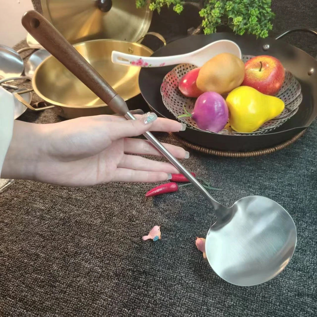 新款不锈钢胡桃木实心蘑菇铲长柄炒菜铲子