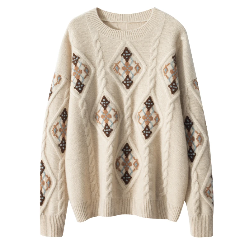 100%纯山羊绒圆领嵌花羊绒衫重工提花麻花绞花宽松加厚女士针织衫