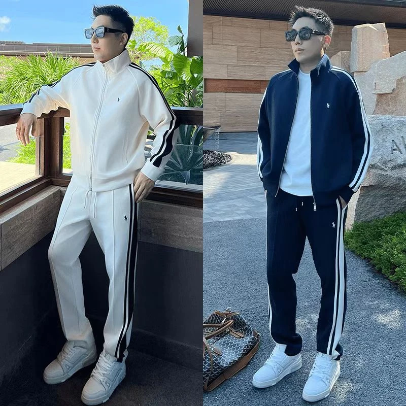 春秋潮牌立领拼接运动休闲套装男韩版百搭帅气加绒卫衣卫裤两件套