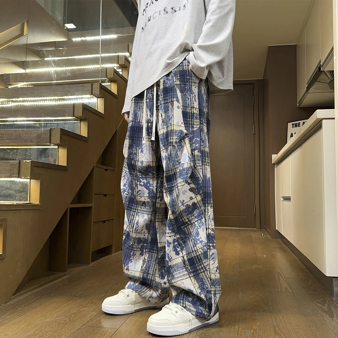 泼墨扎染格子裤男春秋季潮牌美式高街褶皱设计感慵懒风直筒阔腿裤