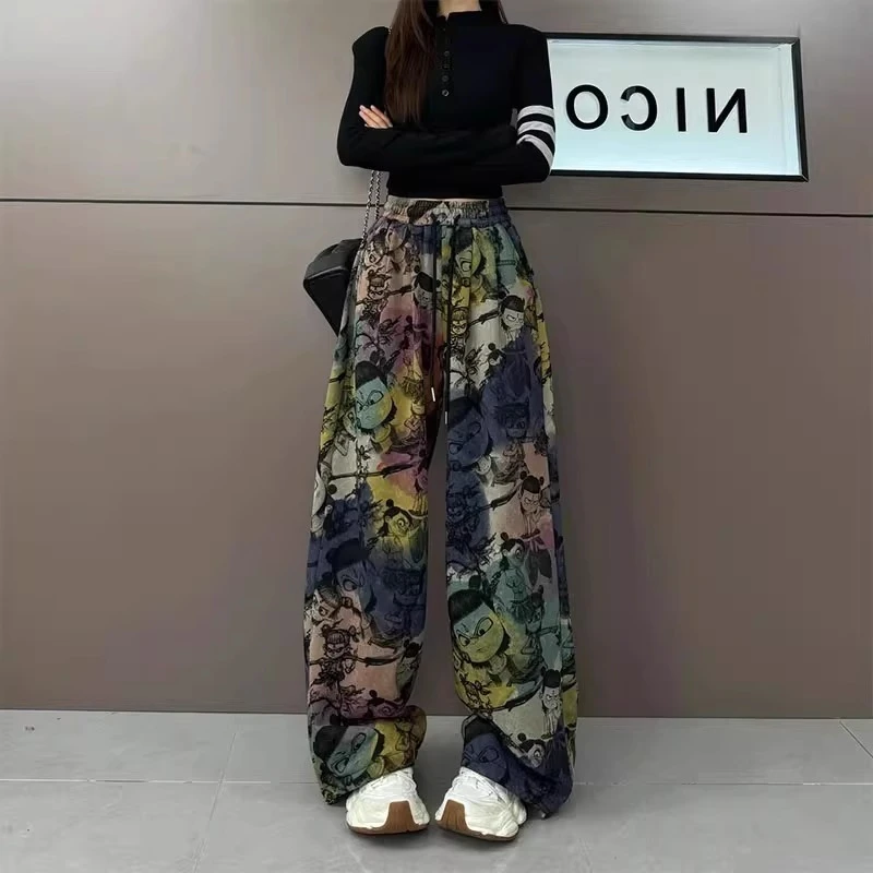 大码国潮风扎染宽松魔童印花阔腿裤女百搭新款高腰显瘦拖地休闲裤