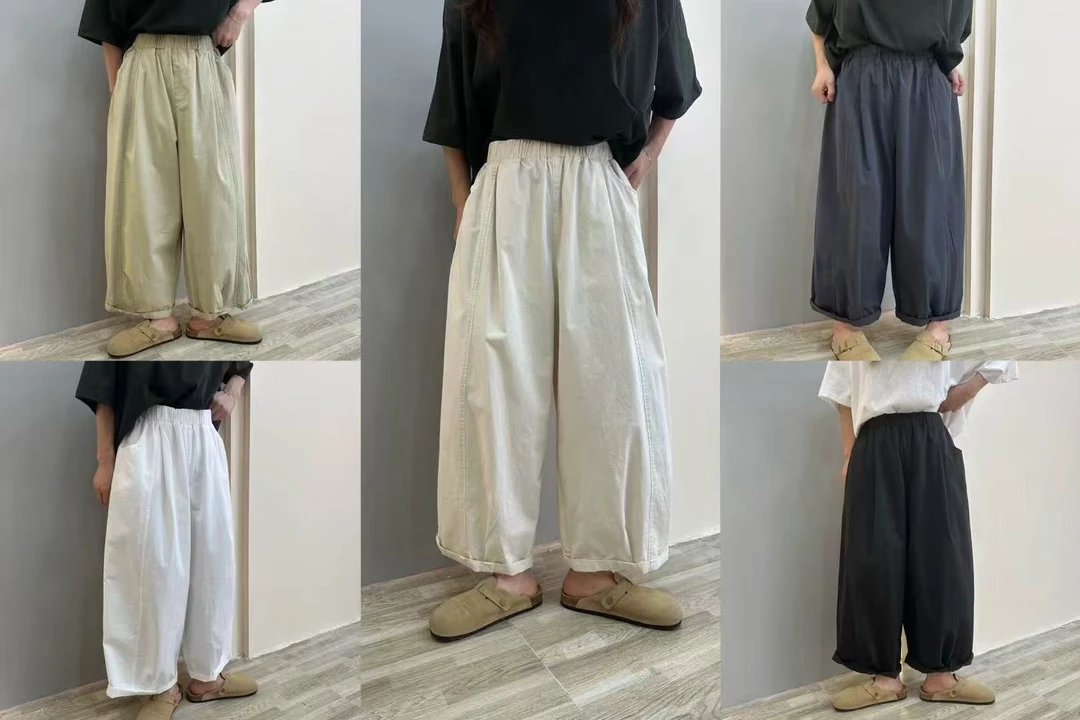 与默出品夏季复古休闲裤女时尚舒适松紧腰百搭纯色直筒阔腿休闲裤