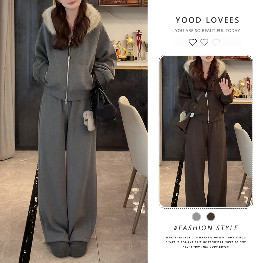 巨好看的冬装一整套韩系超火加绒毛领外套阔腿裤休闲时尚两件套女