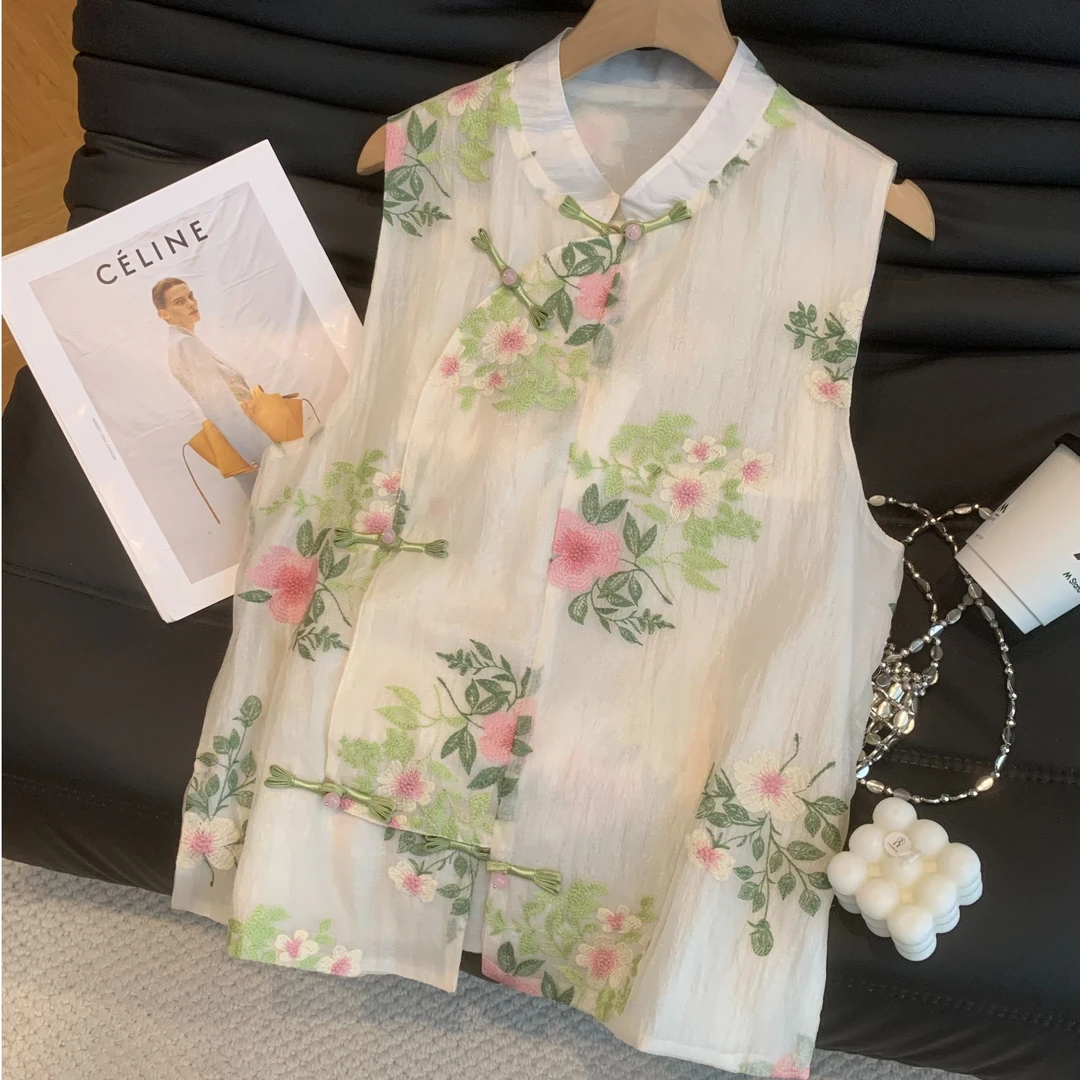 夏季2025年新款新中式薄款刺绣马甲背心女款立领国风气质坎肩上衣