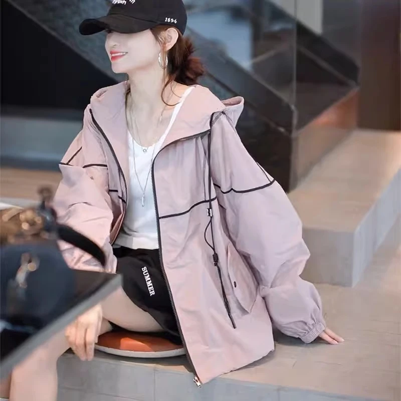 宽松连帽女外套薄款2025慵懒风夏季明线拼接休闲拉链防晒服女上衣